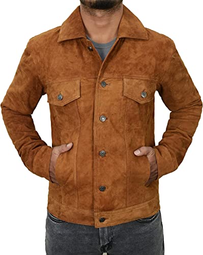 Image of Mens Premium Brown Suede Leather Trucker Jacket - Vintage Classic Motorcycle Western Goat Leather Coat