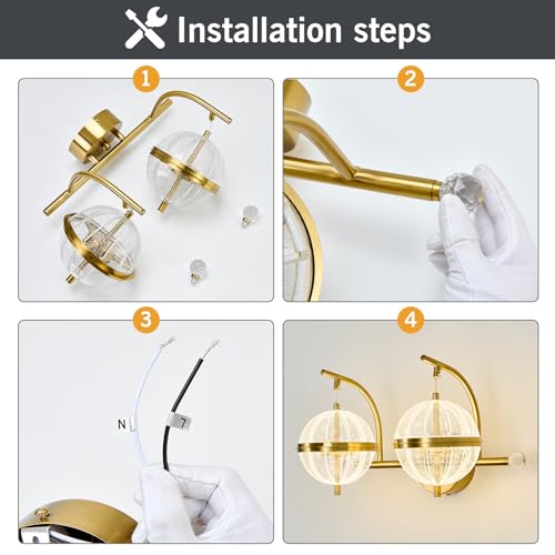 Image of UOFUS 24W Gold Bathroom Light Fixtures Modern LED Vanity Light with Globe Acrylic LampShade 2 Lights Mid Century Wall Sconces Indoor Vanity Lights Over Mirror for Bedroom Hallway Entryway