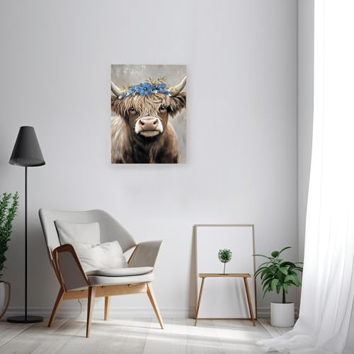 Toile fleurie vache des Highlands pour une atmosphère douce et cocooning - 3
