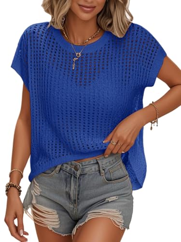 Image of Womens Summer Crochet Tops Hollow Out Cap Sleeve Cover Up Tank Top Pullover Sweater Vest Beach Vacation Clothes