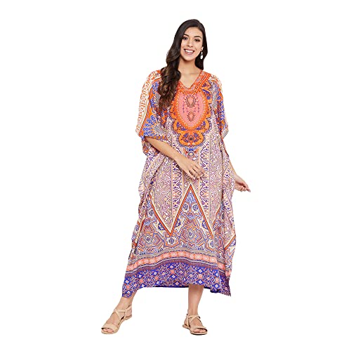 Image of Women Long Maxi Plus Size Polyester Kaftan Gown, Womens Kaftan Dresses | Lounge Resort Wear, Batwing Sleeve Side Slit, Beach Cover Up, House Dress, Lightweight V Neck Loose Fit Boho Dress