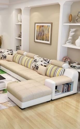 Image of Torque - Callister 12 Seater Interchangeable Sofa for Living Room (Right Side, Beige & White) | Large U Shape Fabric Sofa Couch with 4 Puffy & Storage | 3 Years Warranty