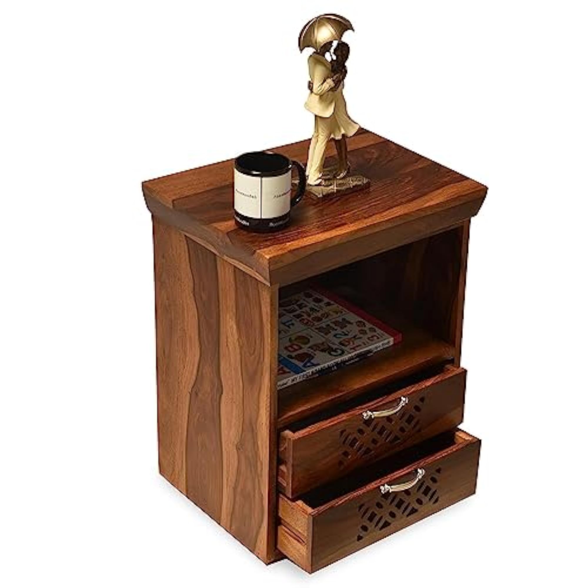 Wooden Bedside Table with 2 Drawers, Dark Honey Finish