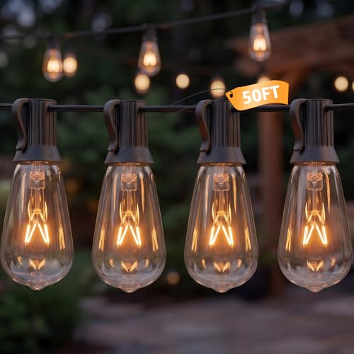 50Ft ST40 Outdoor Edison String Lights Vintage Patio Lights for Outside with 25 7W Incandescent Bulbs Waterproof Hanging Gazebo Lights for Backyard Balcony Porch Deck Bistro Decor E17/C9 Screw Base
