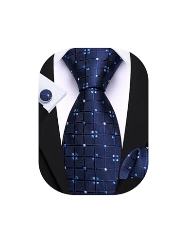 Image of Barry.Wang Mens Tie Set Plaid Check Neckties Formal Business Wedding Luxury Pocket Square Cufflinks