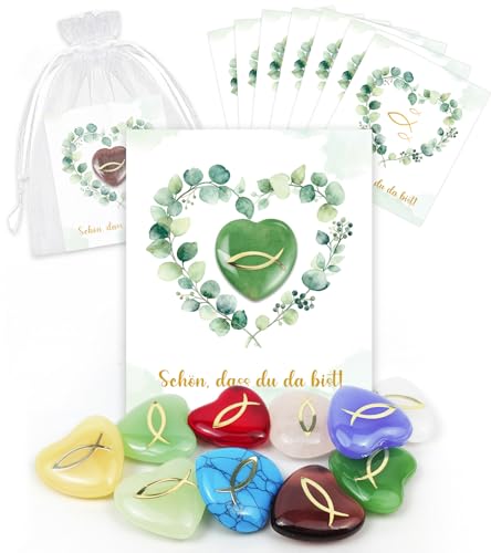 10 Set Gastgeschenke & Mitgebsel & Tischdeko Kommunion Konfirmation Firmung Taufe Herz Glückssteine + Schön DASS du da bist Karte + Organzasäckchen Glücksbringer Glückssteine für Kinder Erwachsene