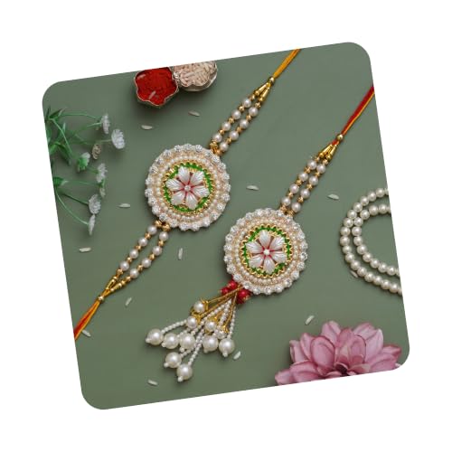 Image of eCraftIndia Diamonds, Pearls Floral Designer Bhaiya Bhabhi Rakhi Set with Roli Chawal Pack - for Brother, Bhaiya, Bhai - Lumba Rakhi for Bhabhi