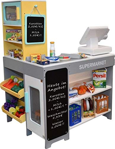tanner DER KLEINE KAUFMANN TANNER Deco - Supermarkt aus Holz, mit Miniatur Lebensmitteln, mit Zubehör für Kaufmannsladen, lebensmittelechtes Design, 0348.2