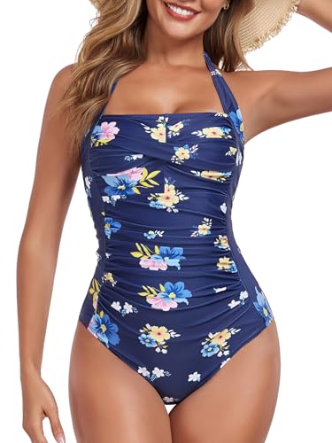 Image of Smismivo Tummy Control Swimwear Halter One Piece Slimming Vintage Retro Swimsuit Womens Ruched Push Up Bathing Suit