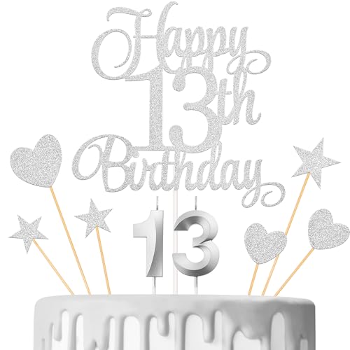 Lecferrarc 13th Birthday Cake Decorations, 13th Birthday Candles Cake Numeral Candles and Glitter Happy 13th Birthday Cake Toppers Set for Birthday Party Supplies (Silver)