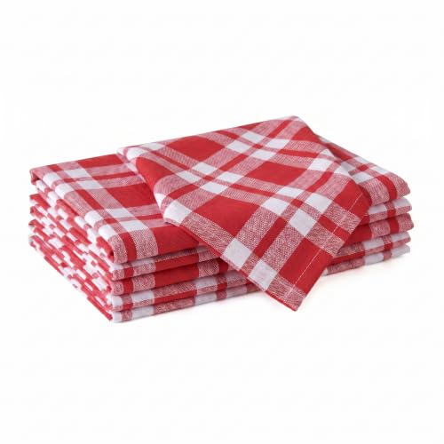 Image of Encasa XO Dining Table Napkins Set of 6, 45x45 cm | Machine Washable Reusable, Recycled Cotton Cloth Napkin, Soft & Absorbent, Table Decor for Hotels, Farmhouse - White & Franca Red Checks