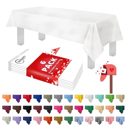 Grandipity White Plastic Table Cloth Disposable (6 Pk) 54in x 108in Plastic Tablecloths for Rectangle Tables - Premium Party Table Cloths Disposable for 6ft to 8ft Rectangle Tables