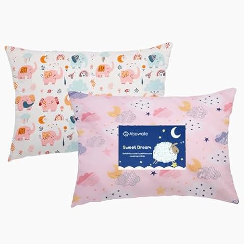 Kid Toddler Pillowcase, 2 Packs Organic Cotton Pillow Cover for Girl, 14x20 Pillowslip Case for Sleeping Fits Pillows Sized 13x18 or 14x19, Envelope Closure Travel Pillowcase (Elephant, Pink Clound Cover