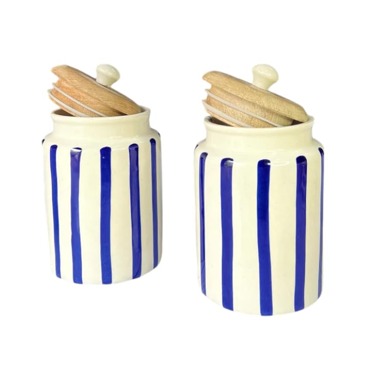 Image of Airtight Ceramic Jars (Pack of 2) - 900ml Each - Wooden Lid - Kitchen Containers for Sugar, Tea, Salt, Pickles, Pulses & More (Blue Lines)
