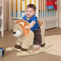 Kids Rocking Horse with Soft Plush Seat and Safety Belt for Toddlers, Wooden Rocker with Lion Theme Design