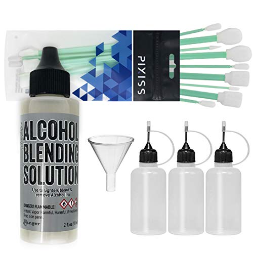 Alcohol Ink Blending Solution (2-Ounce), Pixiss Alcohol Ink Blending Solution Tools, Pixiss Needle Tip Applicator and Refill Bottles and Funnel - Bundle for Yupo Paper and Resin