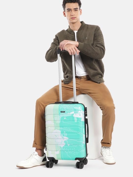 Image of TEAKWOOD LEATHERS Twin Printed 360 Degree Rotation Hard Cabin Trolley Bag (Green, Small)