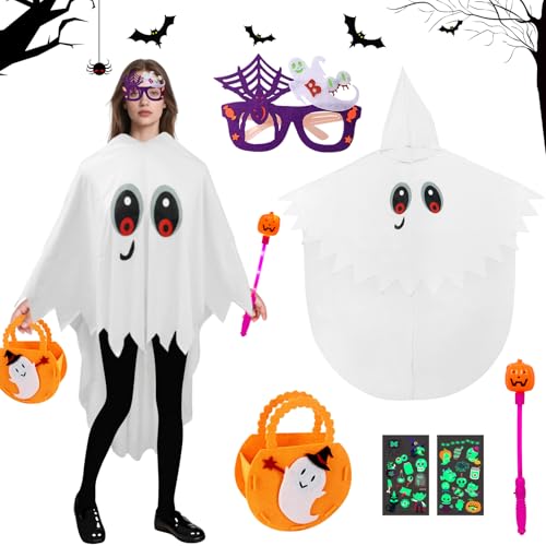 6 pièces Déguisement Halloween Fantôme Enfant, Cape de fantôme blanche avec capuche, Fantôme Jaune avec Sac à Main, Fourchette du Diable et Lunettes Fantômes, Cape Ghost pour Carnaval Cosplay Party