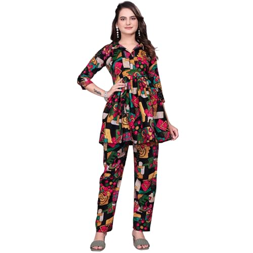 Image of Women Crepe 3 /4 Sleeves V Neck Cord Set Featuring Floral Pattern Design 2 Piece Ethnic Wear Set
