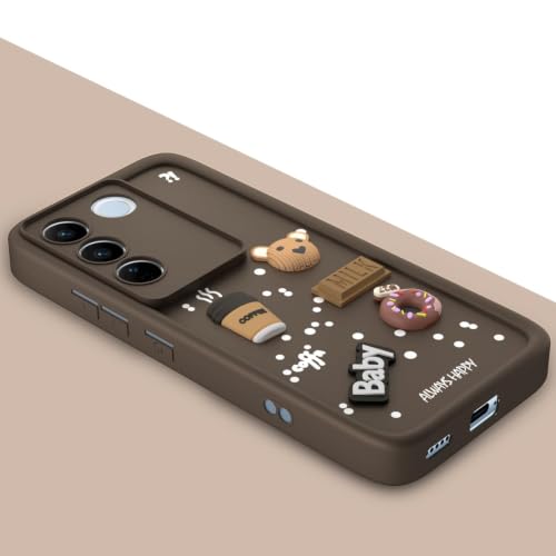 Image of Bintage Cute Fun Taddy Cartoon 3D Ball Bear Milk Donut Coffee Cup Silicon Case Full Body & Camera Protection Back Cover Compatible for Vivo V27 5G - Brown