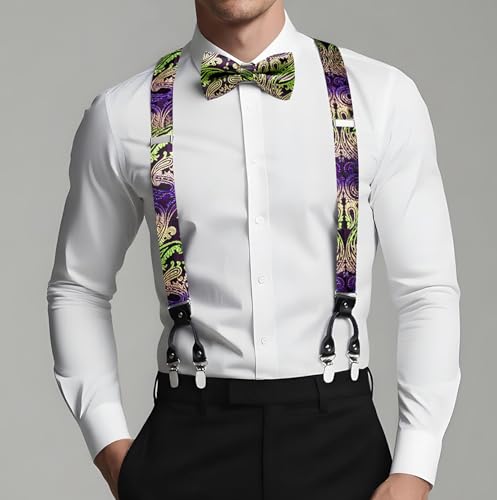 Image of Dubulle Suspender and Bow Tie for Men Paisley Solid Mens Suit Braces Pretied Bowtie and Handkerchief Cufflinks Formal Wedding