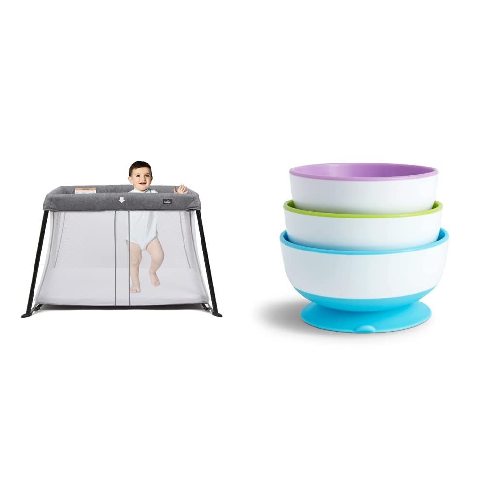 BABYLOLiteway Lightweight Travel Cot - Grey Mélange & Munchkin Stay Put Baby Suction Bowl Set, Baby Bowls for Weaning, Baby Feeding Suction Dish Pack, for Babies & Toddlers 6 Months+