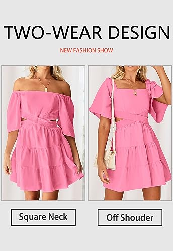 Image of OWNGIGI Women's Summer Dresses Square Neck Short Sleeve Cutout Crossover Elastic Waist Casual Party A-Line Mini Dress