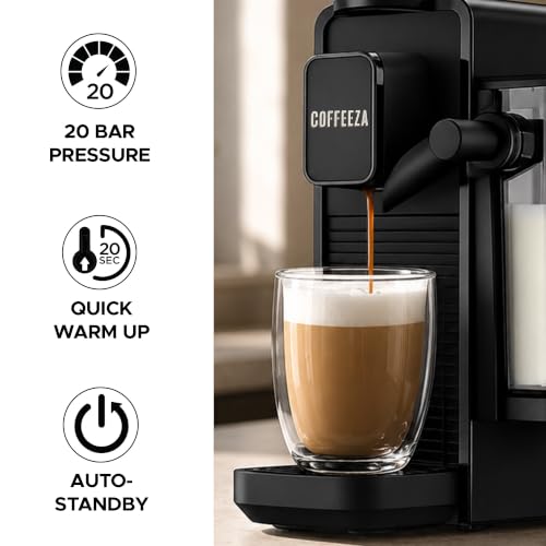 Image of COFFEEZA Lattisso Z Pod Coffee Machine | Cappuccino, Espresso & Lungo Maker | 20 Bar Italian Pump | Integrated Milk Frother | Compatible Nespresso Original Capsules