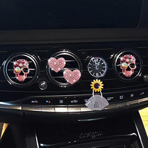 Image of Pink Heart & Skull Air Vent Clips - 4 Pcs Diamond Car Interior Decor, Bling Skeleton Air Fresheners, Vents Clips, Funny Car Accessories + Sunflower Mask Hook