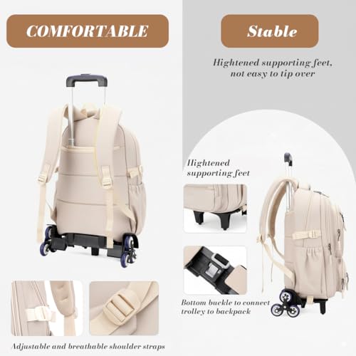 Image of PALAY School Trolley Bag Beige Nylon Trolley School Bags for Boys Girls Waterproof Rolling Backpack for Kids