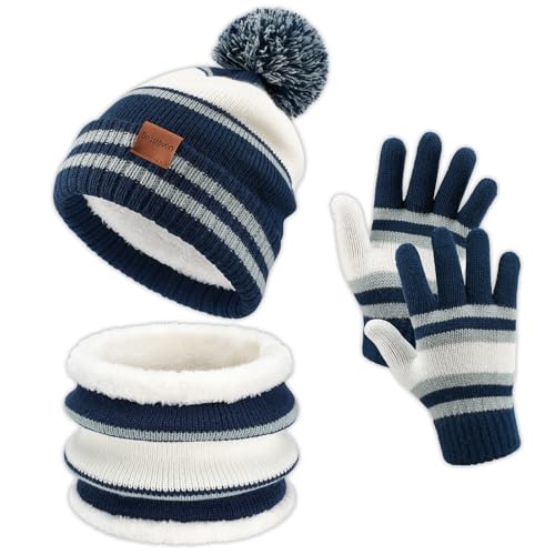 Image of Kids Winter Hat Gloves Scarf Set: Girls Boys Beanie Fleece Lined Ages 6-10