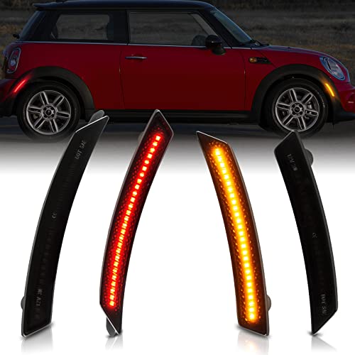 POPMOTORZ Fender LED Side Marker Lights Kit, 4 Pcs Amber Front & Red Rear Fender Bumper Side Marker Lamps, Compatible with BMW MINI Cooper R55 R56 R57 R58 R59 R60 R61 OEM Replacement-Smoke Lens
