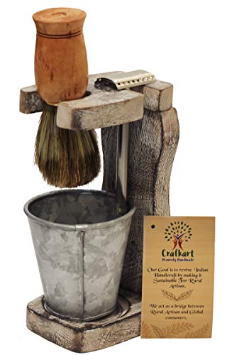 Crafkart Wooden Shaving Brush and Razor Stand with Metal Glass for Water - Shabby Chic Unique Handmade Shaving Stand - Perfect for Him
