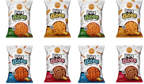 Image of Grami Superfoods Pure Bites Assorted Snack Pack of 8 (500g): Millet Butter Murukku / Chakli, Millet Ribbon Pakoda, Ragi Butter Murukku /Chakli, & Millet Butter Karasev - Healthy Indian Snacks | Millet Snacks | No Maida | No Preservative | High Protein & Fiber Snack | Low GI | Healthy Namkeen for Kids & Adults |Weight Loss Namkeen |Sugar Free | Diabetic Friendly Namkeen