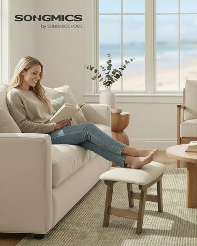 Image of SONGMICS Foot Stool Ottoman, Padded Foot Rest Under Desk with Solid Wood Frame, Removable Cover, for Living Room, 9.8 x 15.4 x 11.8 Inches, Summer Sand and Brown ULSF052LF01