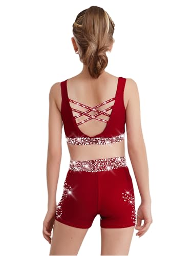 Kids Girls 3 Piece Gymnastic Dance Outfit Crop Top With Booty Shorts Hair Band Set For Yoga Training Burgundy 16 Years3
