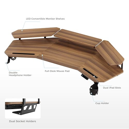Image of EUREKA ERGONOMIC Standing Gaming Desk with Dual Motor,63 inch Wing Shaped Computer Desk w Mouse Pad, Electric Adjustable Height Table w LED Monitor Stands,Slot Design,Walnut