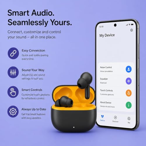 Image of Lynacz Original TWS Earbuds T200 Lite Compatible with Vivo, Realme, Samsung, iQOO with Hi-Res Audio, 12.4mm Dynamic Bass Drivers, 32dB ANC & 48 Hours Playback for Mobile, Laptop, SmartTV, (Black)
