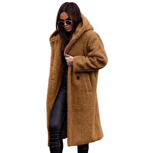 Akivide Women Winter Coat Hooded Fuzzy Fleece Warm Button Down Long Warm Outwear Jackets with Pockets