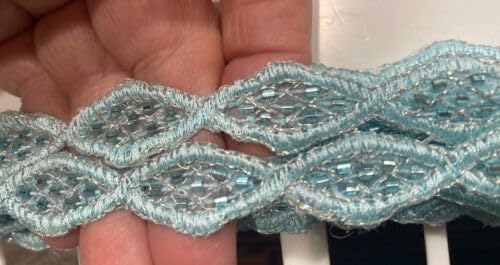 Aqua Blue Embroidered Beads Scalloped Oval Hand Sewn 3/8" Trim Metallic Thread 1yd Fabric