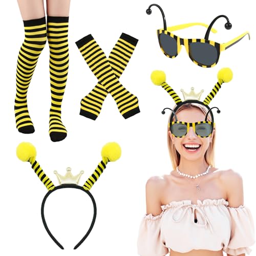 NebulaGlam 4 Stück Bienen Kostüm Damen Erwachsen, Bienen Haarreif Bienenantenne Brille Fingerlose Handschuhe Socken Bienenkostüm Erwachsene für...