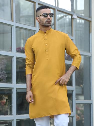 Image of KRAFT INDIA Men's Cotton Solid Kurta With Drawstring Pyjama Set