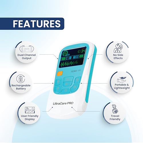 Image of UltraCare PRO TENS 1.0 TENS Machine for Pain Relief, Physiotherapy Massager, 25 Modes, 50 Intensity Levels, Rechargeable, Dual Channel, Muscle /Nerve Stimulator, White