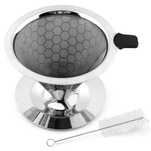 Pour Over Coffee Dripper, Reusable Stainless Steel Pour Over Coffee Filter with Brush, Easy Clean Double Mesh Filter, Permanent Paperless Filters with Base forCoffee Maker