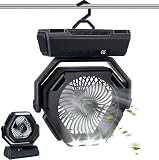 Furnsii Battery Operated Fan for Camping, Rechagerable Camp Fan with Lights & Hook & LED Display, Smart Oscillating Outdoor Portable USB Camping Fan for Tent, Travel, Picnic, Barbecue, Black