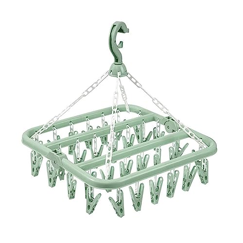 Typutomi Foldable Laundry Hanger with 32 Clips, Plastic Hanging Drying Rack Clip Hanger Drip Drying Hanger for Children Adults Clothes,Towel,Socks,Underwear,Hat,Scarf(Green)