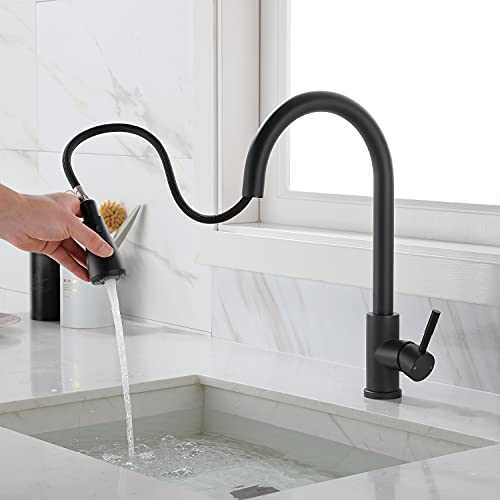 Robinet de cuisine noir mat avec douchette extractible pour îlot central moderne