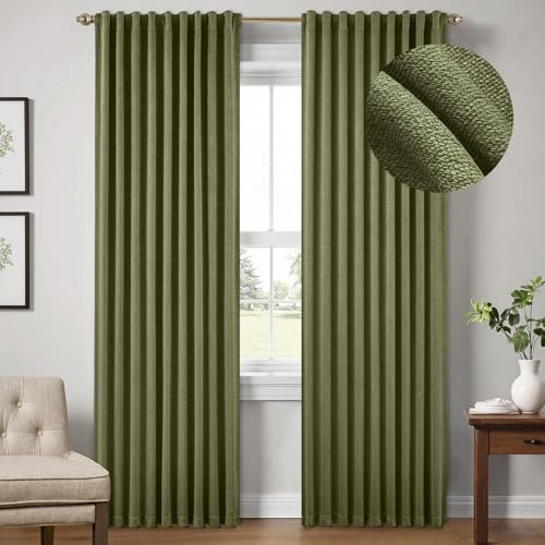 Image of MIULEE Olive Green Faux Linen Blackout Curtain 84 Inch Long 2 Panels Set Rod Pocket/Back Tab/Pinch Pleated Room Darkening Textured Black Out Track Drapes for Bedroom Living Room