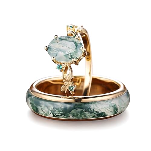 Natural Moss Agate Wedding Rings for Couple, S925 10K 14K 18K Gold Couple Rings Customized Promise Bands Sets for Him and Her for Anniversary Engagement Wedding-042
