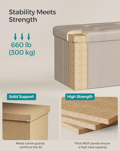 Image of SONGMICS Mazie Collection - 43 Inches Folding Storage Ottoman Bench, Ottoman with Storage, Foot Rest Stool, Load 660 lb, for Living Room, Synthetic Leather, Camel Brown ULSF070K03